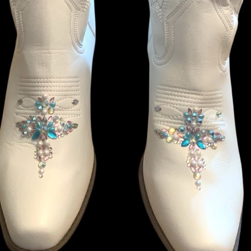 White Cowgirl Boots Mid Calf Custom Bling Accents - Wide Calf 2.5" Heel - Picture 5 of 7